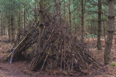 Ormana bir barınak yapın. Dışarıda oynayan çocuklar tarafından yapılmış bir çadır kulübesi ya da mağara.