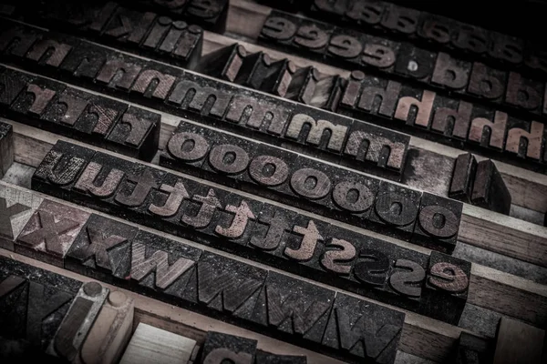 Blocs Lettres Bois Vieux Alphabet Letterpress Utilisé Pour Composition — Photo