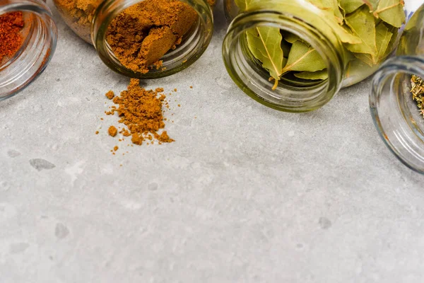 Selection Herbs Spices Adding Flavour Food Cooking Kitchen Worktop High — Stock Photo, Image