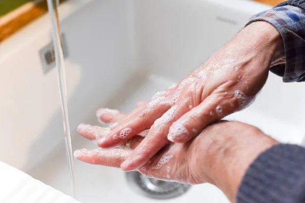 Wash Hands Soap Prevent Spread Germs Male Hands Washing Sink — Stock Photo, Image