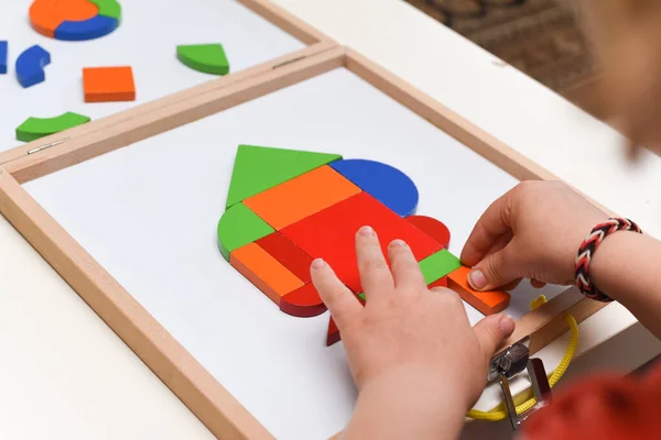 Child Playing Colourful Puzzle Toy Making Shapes Learn Home — Stock Photo, Image