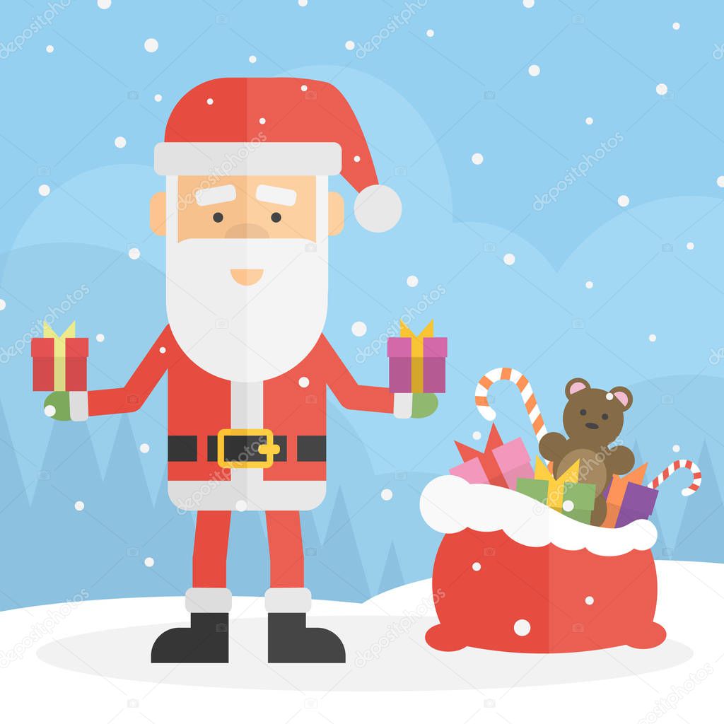 Babbo Natale del fumetto Santa divertente con il grande sacchetto di giocattoli e due regali nelle mani In piedi sulla neve con i fiocchi di neve