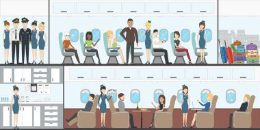 People in airplane. Aircraft transport interior.