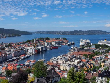 Bergen ve dağın tepesinde limandan görünümü