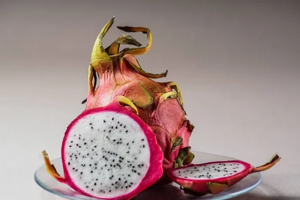 Thai fruit  dragon fruit  with  clipping path, on a glass plate,