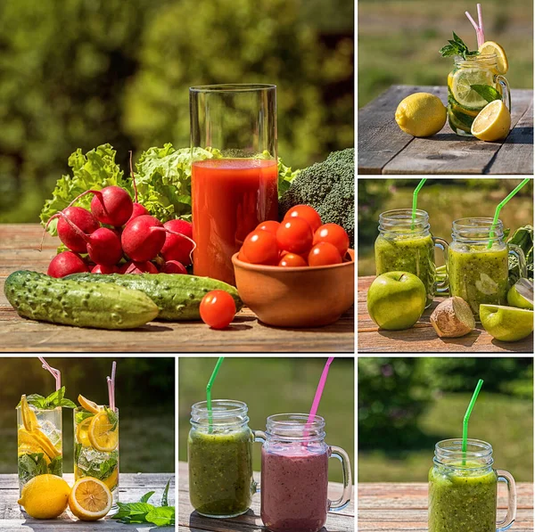 Food concept. Food collage with fresh fruit, drinks, smoothie and vegetables.