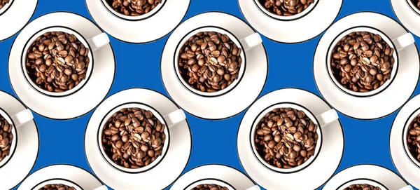 Seamless pattern with coffee beans in cups on blue background,panorama.