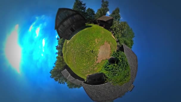 Little Tiny Planet 360 Degree Tourist Man Rural Opole Landscape Sunny Day Huts Cottages Village Blue Sky Green Trees Tour a Opole Turismo in Polonia — Video Stock