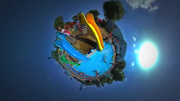 Little Tiny Planet 360 Degree Kids on Chutes Aqua Park in Youth Day Opole Playground Dad Looking After Children Sunny Day Family Tourism in Poland — Stock Video