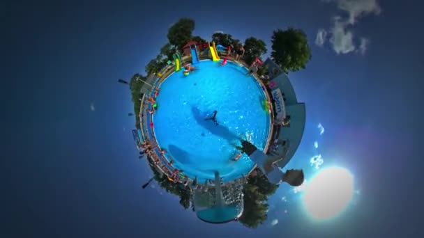 Little Tiny Planet 360 Degree Kids Play Ball Aqua Park in Youth Day Opole Sunny Day Swim in Pool Dad and Kids Families Having Fun Tourism in Poland — Stock Video