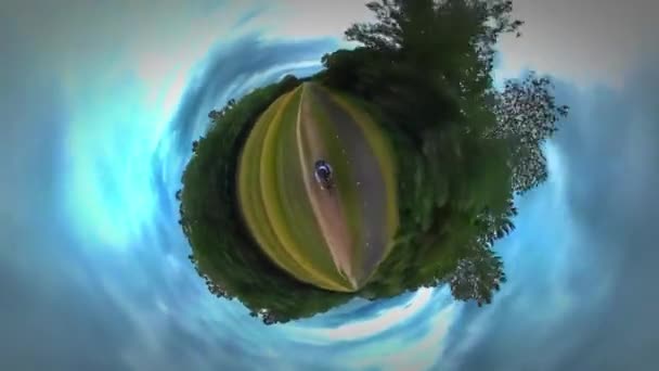 Little Tiny Planet 360 Degree Tourist is Riding Bicycle in Woodland Along River Sea Bank Backpacker is Traveling Warm Autumn Day Cloudy Sky Tour to Opole — Stock Video