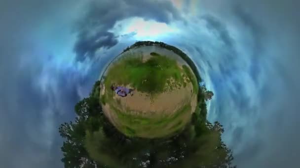 Little Tiny Planet 360 Degree Man Backpacker Walking by Footpath Woodland in Opole Forest Backpacker is Traveling Warm Autumn Day Cloudy Sky Tour to Opole — Stock Video