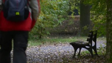Turist çalıştıran ve sonbahar gün ahşap Bank Alley erkek kırmızı sportif ceket Backpacker vardır tezgah parkta için dinlenmeye sakin yerde oturur