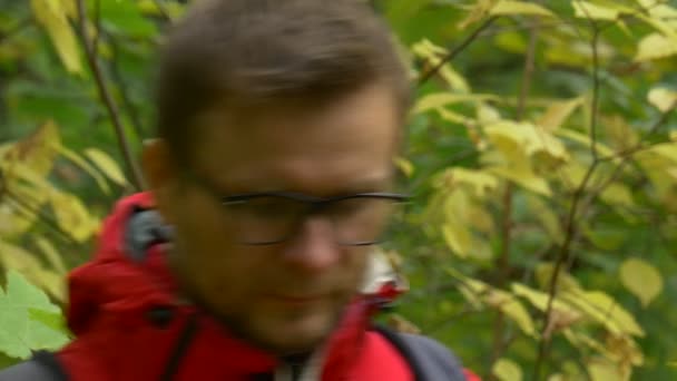 Mann mit Augenlidern schaut herunter, klickt auf das Handy und liest das Gesicht des Mannes auf den herbstlichen Landschaftstouristen im Park Wald gelb grüne Blätter Bäume — Stockvideo
