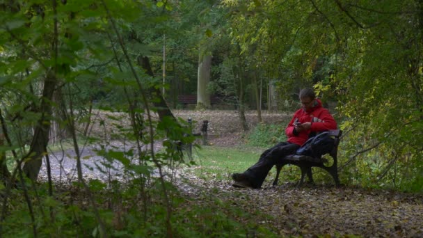 Turystycznych w czerwonej kurtce jest rozmowa na telefon uśmiechający się siedząc na opuszczone drewniane ławki pochmurny dzień w parku aleja suche Fallen pozostawia są na drzewach ziemi — Wideo stockowe