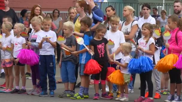 Młodych fanów macha flagi i banery — Wideo stockowe