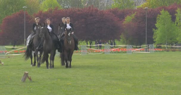 Opole Poland May 2016 Four Female Rider Evenly Moving Camera — Stock Video