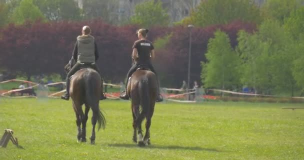 Opole Poland May 2016 View Back Two Horsewomen Woman Horseback — Αρχείο Βίντεο