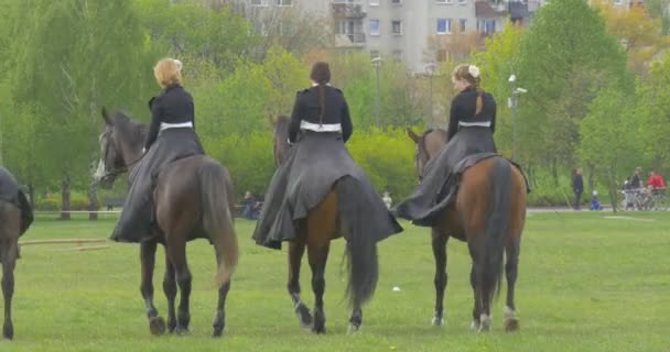 Opole Poland May 2016 Rear View Moving Horse Riders Girls — Stock Video