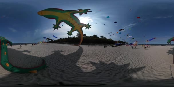 360 vr サンレミバスティオン ビデオ凧祭りウエバ ポーランド人は晴れた日の子供たちの両親は海赤青色緑おもちゃ休日の砂浜に時間を費やすドラゴン形凧を飛ばす — ストック動画