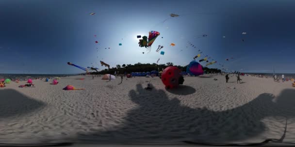 Caméras Vidéo 360Vr au Festival de cerfs-volants Leba Pologne Entonnoir Cerf-volant Crocodile Ours coccinelle Cerfs-volants en forme de touristes passent du temps sur la plage de sable de la mer Journée ensoleillée — Video