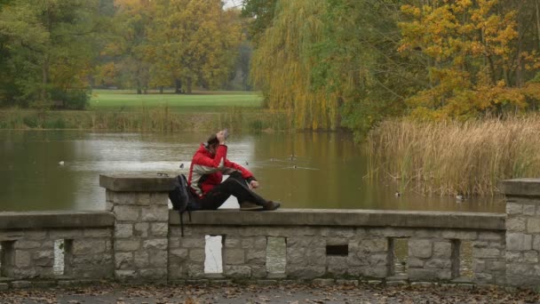 Turista v 360vr brýle sedí na mostě sledovat Video o 360 stupňů hraní her v parku zataženo den žlutě podzim starý cihlový most stromy suchý rákos — Stock video