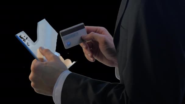 Hands of Businessman With a Transparent Plate. — Stock Video