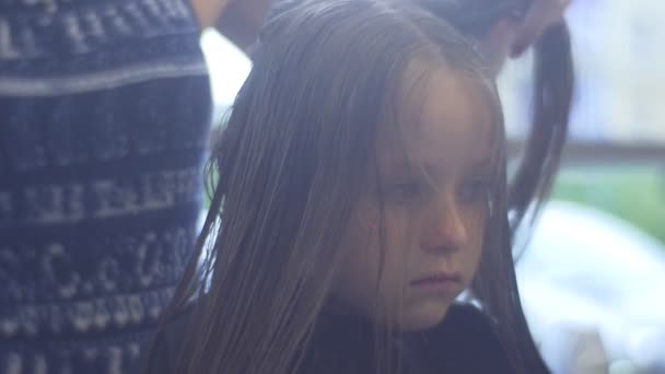 Stylist corrige os cabelos da menina molhada com grampo de cabelo Loira Kid em uma cadeira cabeleireiro salão Stylist está fazendo um corte de cabelo Little Girl está sentado com cara séria — Vídeo de Stock