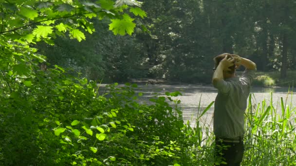 Man houdt de handen achter het hoofd rust staande Under the Bushes, Maple weelderige rusten in Park rondkijken groene bomen versheid zonlicht Springtime — Stockvideo