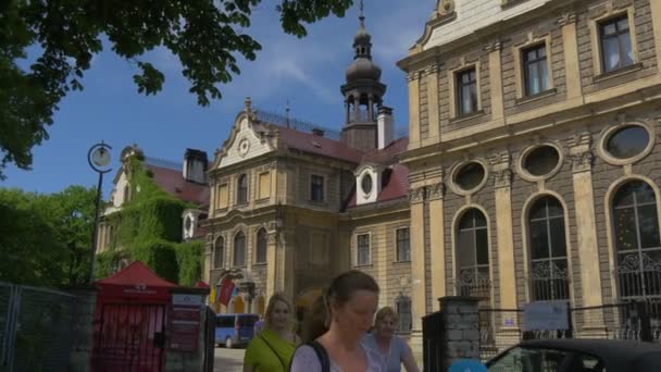 Folk på utflykt i Moszna slott turister promenader och vilar eklektisk stil byggnad blå himmel stylade barockpalats nygotiska nyrenässans — Stockvideo