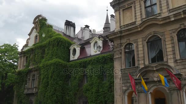 Budovy součástí zámku Moszna zarostlé plíživé rostlin vlajky jsou mává zatažené obloze barokní palác novogotický Neo renesanční styly Wingsnnn — Stock video