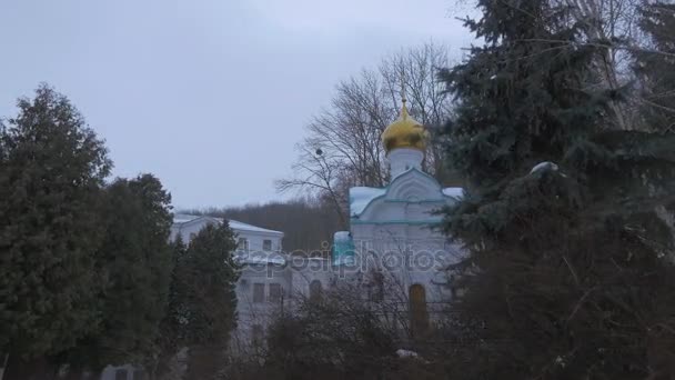 教堂的圣尼古拉斯教堂背后冷杉圣山洞穴修道院在冬天光秃的树枝树木景观阴天下雪天宗教建筑 — 图库视频影像