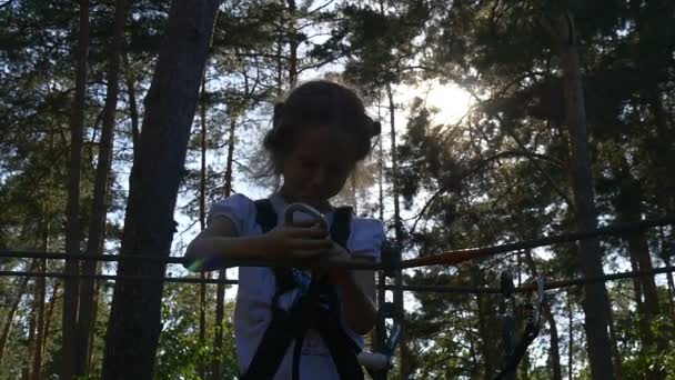 Ragazza è impegnata in un alpinismo in un parco — Video Stock