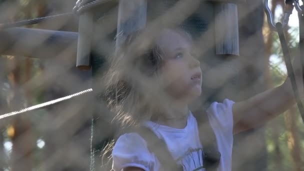Statečná dívka pevné s horolezec spojuje Gear dítě je v Adventure Rope Park v letní slunečný den dítě zábavné okupuje překonáním překážky sportovní — Stock video