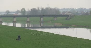 Bir ufuk araba Köprüsü üzerinden River yansıma bulutlu bahar gününde yürüyüş ile köpek boyunca nehir manzara yeşil çim yumuşak su Cityscape adamdır
