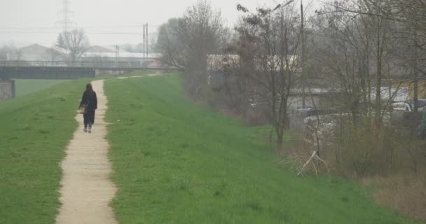 Eenzame vrouw op rurale landschap groene gazon kleine huizen zijn zichtbaar achter de kale takken van bomen spoorwegbrug scène in mistige bewolkt lente — Stockvideo