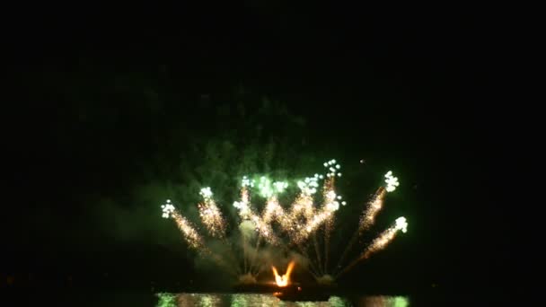 Vuurwerk pluimen van het vuurwerk zijn mousserende en glanzend in diverse kleuren pyrotechniek flitsen van lichte soezen van rook evenement in een grote weg weergeven — Stockvideo