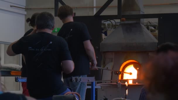 Festival av höga temperaturer i Wroclaw Polen personer är titta på glasbruk ugnen Orange brand är inuti arbetstagare hantverkare och tittare inomhus — Stockvideo