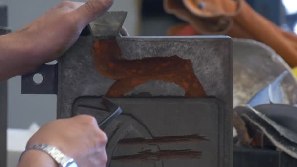 Metal Casting Mould is Located on a Wide Wooden Table — Stock Video