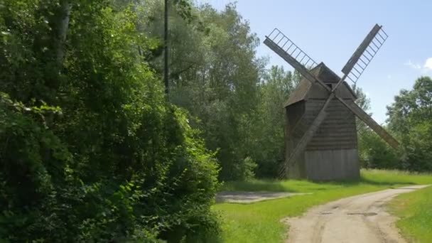 Windmill Rural Landscape in Ethnographic Museum Cottages in Park of Old Polish Architecture Wooden Authentic Buildings Nature Sunny Summer Day Green Grass — Stok Video