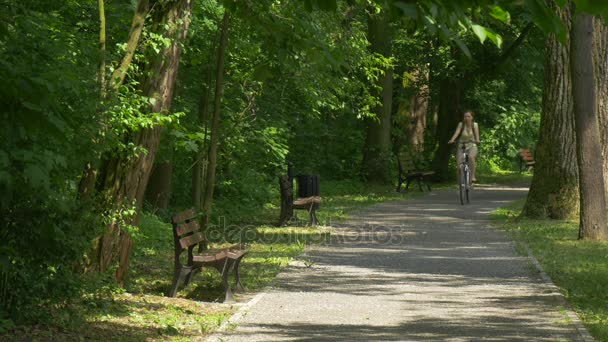 Pár ember lovaglás kerékpár Park sikátorban mentén egy padon nő viszont a fejét, hogy megnéz az ember pad fák alatt kerékpáros turisták a nyári napsütésben — Stock videók