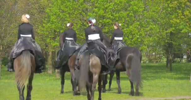 Día de la Bandera Polaca en Opole Mujeres Cabalgando Chicas Lejos en Largo Negro Vestidos Brillantes Montar Ropa Caballería en Desfile Vacaciones en Día Soleado en Campo Verde — Vídeo de stock