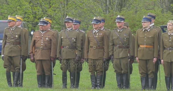 Dia da bandeira polonesa em Opole Infantaria e cavaleiros Soldados de pé em duas linhas Riders estão passando pelos militares Ensaio em desfile em Green Field Holiday — Vídeo de Stock