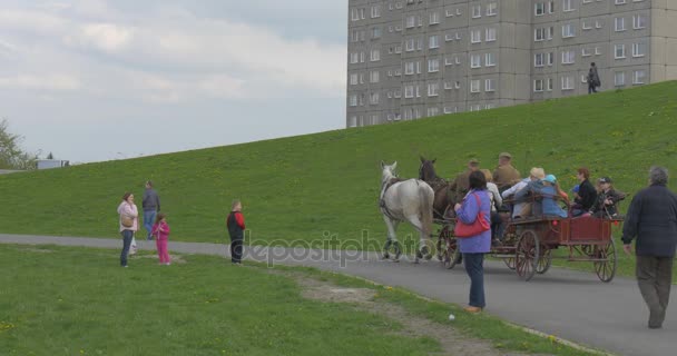 市天奥波莱人骑马车庆祝边上的城市绿色山市容景观家庭与孩子女人与狗 — 图库视频影像