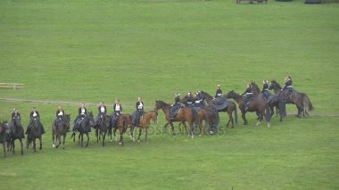 Opole şehir gün oluşumu binmek at alay kadınların at binme atlar üzerinde yeşil alan biniciler gerçekleştirmek kahverengi ata kadın Vintage siyah uzun elbiseler