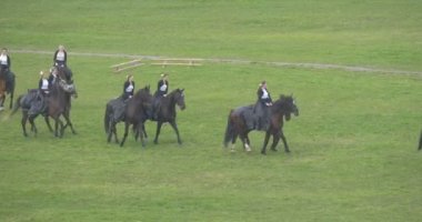 Opole şehir gün at alay savaş atları prova performans gösterilerin yeşil alan biniciler üzerinde gerçekleştirmek oluşumu kadın Vintage uzun elbiseler