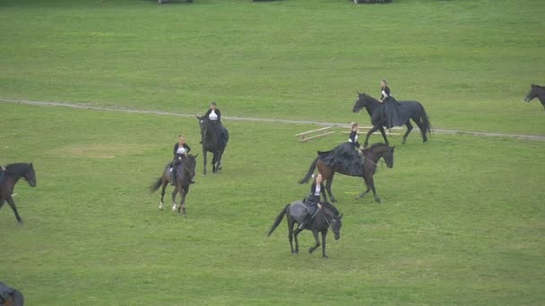 Dzień miasta Opola, samica konia Pułk wykonuje formacje na Brown konie demonstracje na zielone pole piękny widok kobiet w Vintage czarne długie suknie — Wideo stockowe