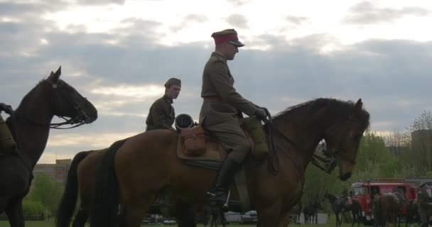 本格的なヴィンテージの軍服を着て戦争馬や歴史的なイベントの飼料キャップ馬連隊再現でオポーレ兵士でポーランドの国旗の日 — ストック動画