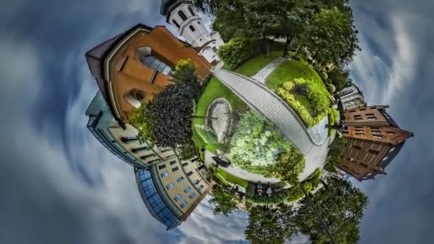 Little Tiny Planet 360 Degree Old University Opole Sights History of Mankind in Art Time is Flying Old Times Past Vintage Buildings Bell-Tower Small Alleys — Stock Video