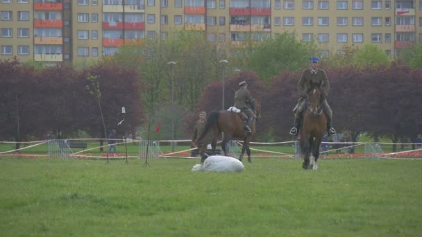 Cavaleiros a cavalo mostram um truque diferente — Vídeo de Stock